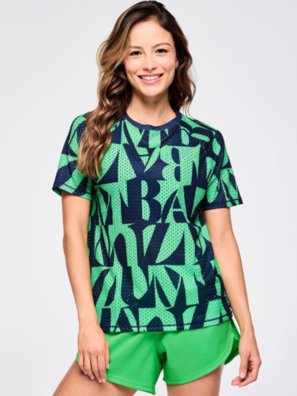 Zumba Out Loud Mesh Crew Neck Top-Navy/Green